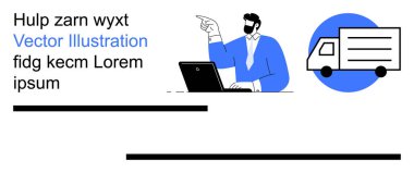 Lojistik, iş iletişimi, dağıtım hizmetleri, çevrimiçi işlemler, pazarlama tasarımı, işyeri yönetimi. Bir teslimat kamyonu ikonunun yanında dizüstü bilgisayar kullanan bir adam. Lojistik