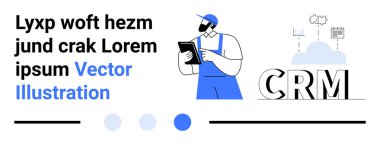 Tablet kullanan mavi üniformalı işçi, bulut ve bütünleşme simgeleriyle CRM metni. CRM, iş akışı, veri örgütü, yazılım, teknik destek, bulut yönetimi, basit iniş sayfası için ideal
