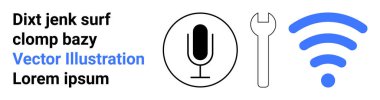 İletişim, teknoloji, ses hizmetleri, dijital araçlar, kablosuz bağlantı, bilgi paylaşımı. Mikrofon, anahtar ve kablosuz sinyal sembolü. İletişim ve teknoloji kavramı