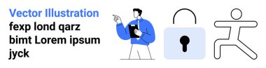 İş çözümleri, güvenlik, liderlik, aktivite, takım çalışması, veri koruması. Pano, kilit ve soyut bir insan figürüyle işaret eden bir iş adamı. Liderlik ve güvenlik kavramları