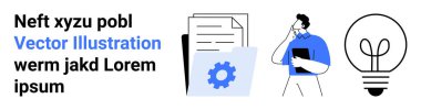 Yaratıcılık, iş planlaması, yenilik, iş akışı, problem çözme, verimlilik. Belgeler, vites simgesi ve ampulle düşünen kişi. Yaratıcılık ve iş planlama kavramları