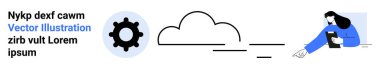 Cloud computing, data access, digital services, tech innovation, remote work, process automation. Gear, cloud connection and person engaging with tech. Cloud computing and data access