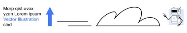 Data analysis, cloud technology, artificial intelligence, information transfer, automation, futuristic concepts. Robot linked to a cloud shape with an upward arrow. Cloud technology and artificial