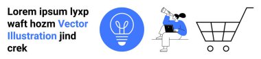 Yenilik, e-ticaret, yaratıcı fikirler, online arama, alışveriş, piyasa araştırması. Ampul ve alışveriş arabası ikonları, dizüstü bilgisayar ve teleskop kullanan kişi. Yenilik ve e-ticaret kavramları