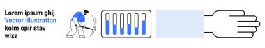 Kazmayla kazı yapan bir işçi, çabayı gösteren bir ilerleme çubuğu ve işbirliği için bir metafor olarak el. Üretkenlik, takım çalışması, emek, iş akışı, ilerleme, basit iniş sayfası için ideal