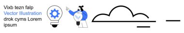 Innovation, creativity, cloud storage, teamwork, problem-solving, digital solutions. Person pointing at a light bulb with gear icon, cloud and text. Innovation and creativity concepts