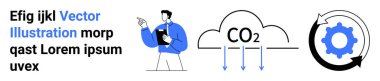 Çevresel farkındalık, karbon yönetimi, sürdürülebilirlik, ekolojik çözümler, CO2 azaltımı, yenilenebilir enerji. Karbondioksit içeren bir bulut, ok teçhizatı ve elinde pano tutan bir insan. Çevresel