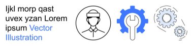 İşgücü yönetimi, makine mühendisliği, teknik aletler, dişli sistemleri, bakım ve onarım. İşçi simgesi, anahtar ve dişli iki vites sembolü. İşgücü yönetimi ve makine mühendisliği