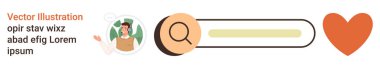 Çevrimiçi arama, kişiselleştirme, kullanıcı arayüzü, dijital araçlar, tercihler, iletişim. Bir arama çubuğu, büyüteç kullanıcı avatarı ve temiz bir düzende kalp ikonu. Çevrim içi arama