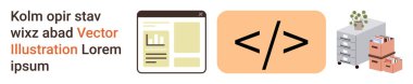 Web tasarımı, kodlama, ofis yönetimi, organizasyon araçları, dosya depolama, teknoloji. Görseller arasında bir kodlama sembolü, web sayfası düzeni ve dosyalı depolama dolapları yer alıyor. Web tasarımı ve kodlama kavramı