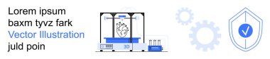 3D baskı, sağlık hizmetlerinde yenilik, veri güvenliği, teknoloji geliştirme, imalat, üretimde güvenlik. Kalp modelini gösteren bir 3D yazıcı, kontrol işaretli dişli simgelerle kalkan. 3B yazdırma