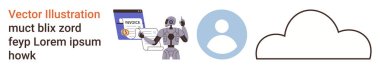 Yapay zeka, bulut hesaplama, dijital işlemler, otomasyon, veri güvenliği, kullanıcı kimliği. Robot işleme faturası, kullanıcı simgesi ve bulut. Yapay zeka ve bulut hesaplama