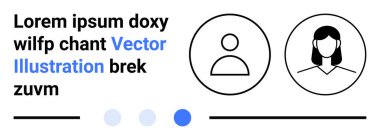 İki ana hatlı kullanıcı avatarı, bir erkek ve bir kadın, yer tutucu metin ve yön bulma noktaları var. Kullanıcı arayüzü, UX tasarımı, profil seçimi, navigasyon menüsü, modern web tasarımı için ideal