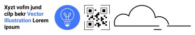 Digital security, data sharing, innovation, cloud technology, modern communication, scanning applications. QR code, light bulb icon cloud outline illustration. Innovation and digital security