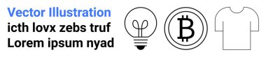 Kripto para, enerji verimliliği, dijital ödemeler, yaratıcı tasarım, e-ticaret, giysi. Ampul, Bitcoin sembolü ve minimal siyah-beyaz tişört simgeleri. Kripto para birimi