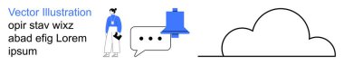 Bulut depolama, dijital iletişim, veri paylaşımı, bilgilendirmeler, takım çalışması, çevrimiçi bağlantı. Bir kişi konuşma baloncuğunun yanında duruyor ve bulut şekilli bir uyarı çanı ikonu. Bulut deposu