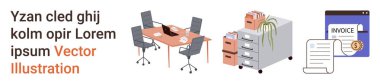 Ofis mobilyaları, işyeri organizasyonu, fatura sistemleri, iş aletleri, yönetim, modern ofis kurulumu. Sandalyeli masa, dokümanlı dolap ve fatura. Ofis mobilyaları ve işyeri