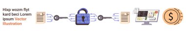 Siber güvenlik, şifreleme, finansal işlemler, dijital güvenlik, veri koruması, güvenlik sistemleri. Asma kilit dosyaları dijital arayüze ve bozuk paraya bağlar. Siber güvenlik ve veri koruması