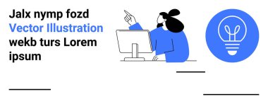 Yaratıcılık, yenilik, dijital beyin fırtınası, çevrimiçi öğrenme, iş fikirleri, verimlilik. Bilgisayar kullanan bir kadın figürü, yukarı doğru yükselen ampul simgesini gösteriyor. Yaratıcılık ve yenilik kavramı