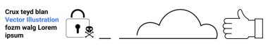 Data protection, cybersecurity, cloud storage, risk management, cyber threats, authentication. Lock with a skull, cloud icon and a hand giving approval. Data protection and cybersecurity concept