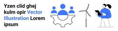 Yenilenebilir enerji, takım çalışması, verimlilik, sürdürülebilir teknoloji, yenilik, dijital çalışma alanı. İnsanlı vites sembolü, tabletli rüzgar türbini insanı. Yenilenebilir enerji ve takım çalışması kavramları