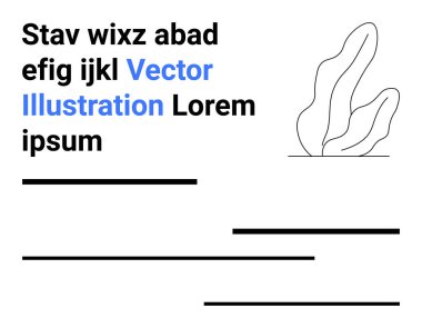 Grafik tasarımı, yaratıcı şablonlar, tipografi, marka kavramları, asgari estetik, yer tutucular. Yer tutucu metin, bitki çizimi ve mavi işaretli kelimelerle soyut bir düzen. Tasarım