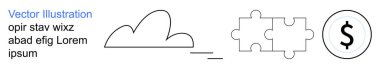 İş stratejisi, finans çözümleri, takım çalışması, yenilik, bulut hizmetleri, problem çözme. Minimalist bulut şekli, bulmaca parçaları ve siyah beyaz bir dolar işareti. İş stratejisi ve finans