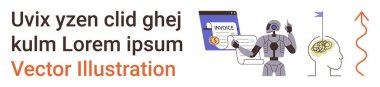 Yapay zeka, otomasyon, yenilik, finans, teknoloji, sinirsel bağlantılar. Robot elinde kağıt, fatura yazılımı insan beyni. Yapay zeka ve otomasyon kavramları