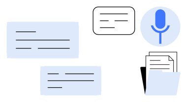 İletişim, verimlilik, veri depolama, dijital araçlar, ses metni, transkripsiyon hizmetleri. Mikrofon, konuşma balonları ve belgeler. Modern çalışma için iletişim ve üretkenlik kavramı