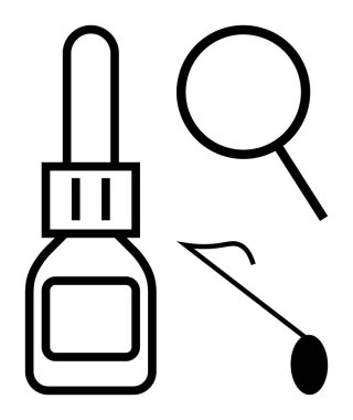 Düşürme şişesi, diş aynası ve sağlık, hijyen, diş bakımı, önleme, teşhis, analiz ve hassas tıbbı temsil eden araştırma araçları. Tıbbi ve sağIıklı düz metafor için ideal