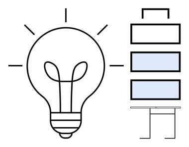 Yenilik, enerji verimliliği, yaratıcılık, tasarım düşünme, problem çözme, konsept geliştirme. Üç katmanlı dikdörtgen bir yapının yanında ışık saçan bir ampul. Yenilik ve enerji verimliliği
