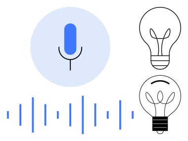Ses tanıma, yenilik, yaratıcılık, yapay zeka, teknoloji araçları, beyin fırtınası. Ses dalgaları ve iki ampul resimli mikrofon simgesi. Ses tanıma ve yenilik kavramı