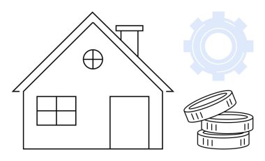 Gayrimenkul, finans, ipotek planlama, yatırım, emlak yönetimi, zenginlik büyümesi. Bir evin taslağı, bozuk para teçhizatı sembolü. Yatırım planlama için emlak ve finans kavramı