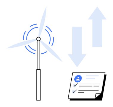Dönen bıçaklı rüzgar türbini, enerji akışını gösteren yukarı aşağı mavi oklar ve bir kontrol listesi ya da formu. Yenilenebilir enerji, sürdürülebilirlik, temiz enerji verileri ve çevre dostu yenilik için ideal