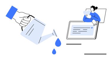 Dijital beslenme konsepti. El ele tutuşmak dijital büyümeyi besliyor. Tablet bağlantı ve nişan kullanan bir kadın. Teknoloji, eğitim, dijital büyüme, çevrimiçi etkileşim, uzak