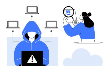 Siber güvenlik kavramları. Siber güvenlik, güvenli veri erişimi için bir bilgisayar korsanı figürü ve kimlik doğrulama süreciyle resmedilmiş. Teknoloji, ağlar, çevrimiçi güvenlik, dijital