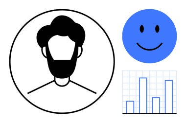 Kullanıcı profili konsepti. Gülümseyen yüz ve veri tablosuna sahip kullanıcı profili simgesi, profil yönetimi ve analitiği vurguluyor. Bağlantı, iletişim ve kararları arttıran kullanıcı verileri. Web uygulamaları için