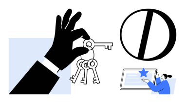 Erişim, güvenlik, kimlik doğrulama, dijital hizmetler, veri yönetimi, mahremiyet. Siyah el anahtarı, içinde insan etkileşimi sembolü olan tablet. Erişim ve güvenlik kavramı