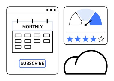 Abonelik konsepti. Dijital hizmetler için aylık abonelik planlayıcısı, kullanıcı derecelendirme sistemi ve bulut depolama bağlantısı. İş, medya, SaaS, analitik ve uygulamalar için abonelik hizmetleri