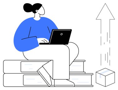 Eğitim, büyüme, yenilik, kariyer gelişimi, çevrimiçi öğrenme, teknoloji. Bir kadın dizüstü bilgisayarla çalışan ve yukarı doğru ok atan kitapların üzerine oturur. Eğitim ve büyüme kavramı