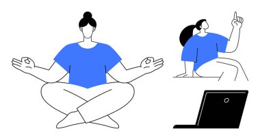 Sağlık, farkındalık, teknoloji dengesi, kişisel bakım, dijital refah, evde yoga. Meditasyon, başka bir işaret ve bir dizüstü bilgisayar. Kişisel bakım ve teknoloji ile sağIık ve farkındalık