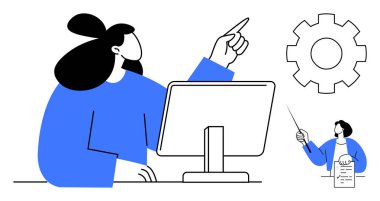 Bilgisayarda çalışan bir kadın, dişlilere doğru bakan, proje raporunu tartışan bir iş arkadaşı. Takım çalışması, teknoloji, strateji, yönetim, iş akışı eğitim projesi geliştirme için idealdir. Basit.