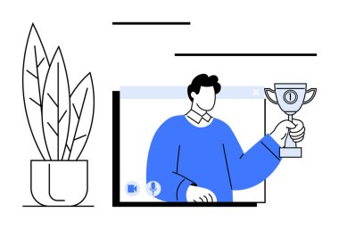 Elinde kupa tutan kişi uzaktan başarıyı ve başarıyı simgeliyor, bir bitkinin yanında. Uzak çalışma, çevrimiçi olaylar, sanal ödüller, dijital etkileşim, motivasyon, başarı için ideal