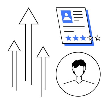 Kullanıcı profili portresi, özgeçmişindeki derecelendirme yıldızları ve yukarı doğru büyüyen oklar. Yetenek yönetimi, kariyer büyümesi, işe alım, performans değerlendirmesi, kişisel gelişim, başarı ölçümleri için idealdir.