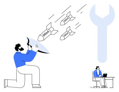 DDOS saldırıları. Bireylerin DDOS saldırılarını kalkan ve araçlarla, siber güvenlik direnciyle karşıladığı bir tasvir. DDOS koruması çevrimiçi güvenlik için çok önemlidir. IT güvenliği, veri koruması