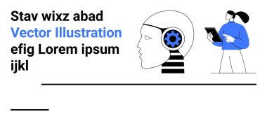 Yapay zeka, makine eğitimi, teknoloji eğitimi, fütüristik kavramlar, dijital dönüşüm, yenilik. Dişli beyinli insan profili ve tabletli insan profili. Yapay