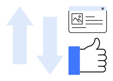 Geri bildirim konsepti. Baş parmaklar simgesi ile geri bildirim, aşağı oylama okları ve web arayüzü. Çevrimiçi incelemeler için geri bildirim araçları, kullanıcı deneyimi, dijital reytingler, platformlar, uygulamalar