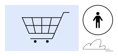E-ticaret, alışveriş deneyimi, tüketici davranışı, perakende tasarımı, minimalizm, grafik öğeler. Alışveriş arabası ve bulut çizgisi olan insan sembolü. E-ticaret ve alışveriş deneyimi konsepti