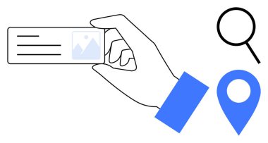 Bir büyüteç ve harita iğnesinin yanında bir kimlik kartı tutuyor. Kimlik, doğrulama, navigasyon, arama, konum hizmetleri, iş, güvenlik için ideal. Basit düz metafor