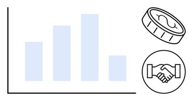 İş büyümesi. Performans, tokalaşma ortaklığı ve madeni paranın iş büyümesini gösteren bar tablosu. Finans, strateji, takım çalışması kavramları için ideal